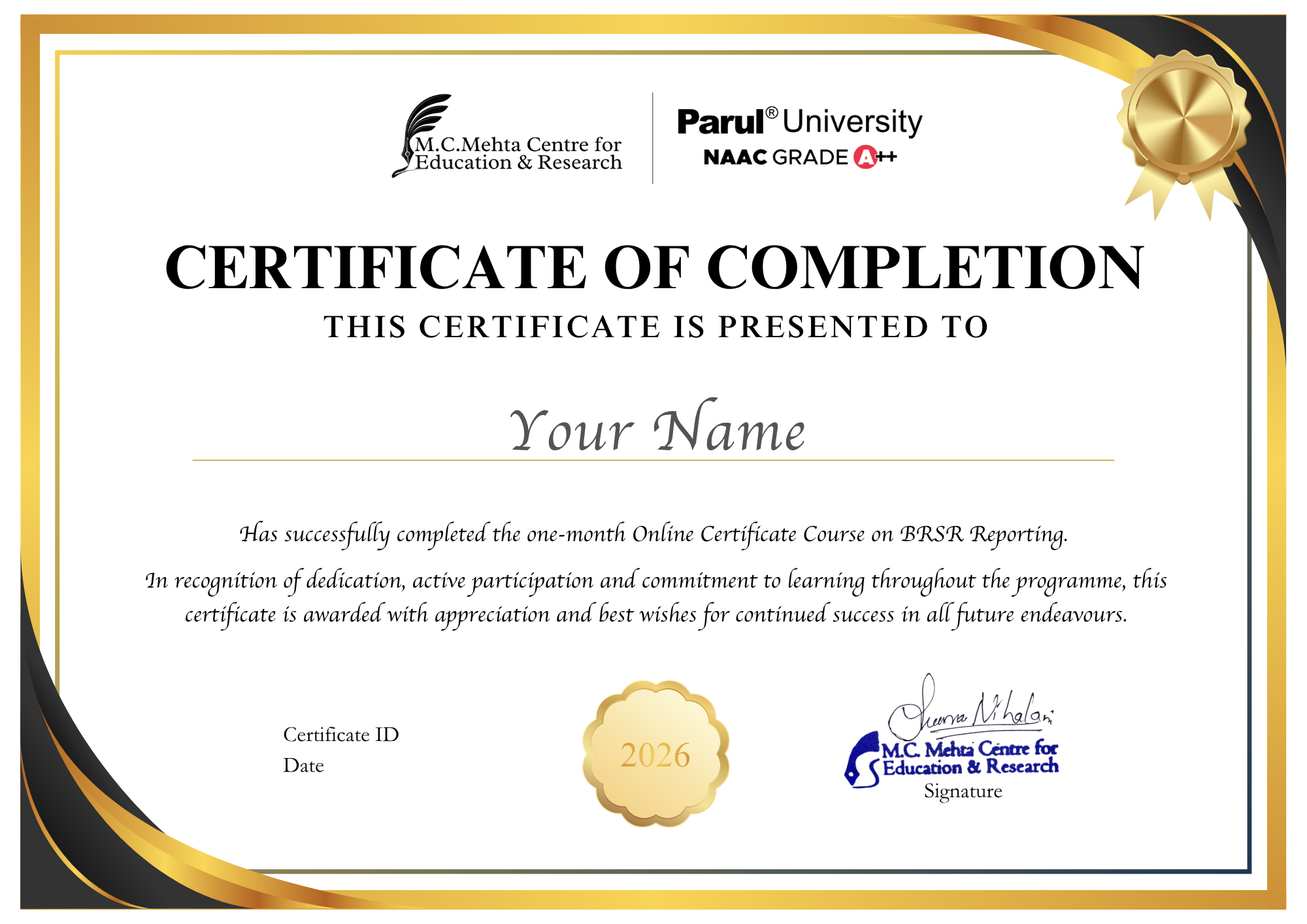 MCMCER & Parul University BRSR Certificate