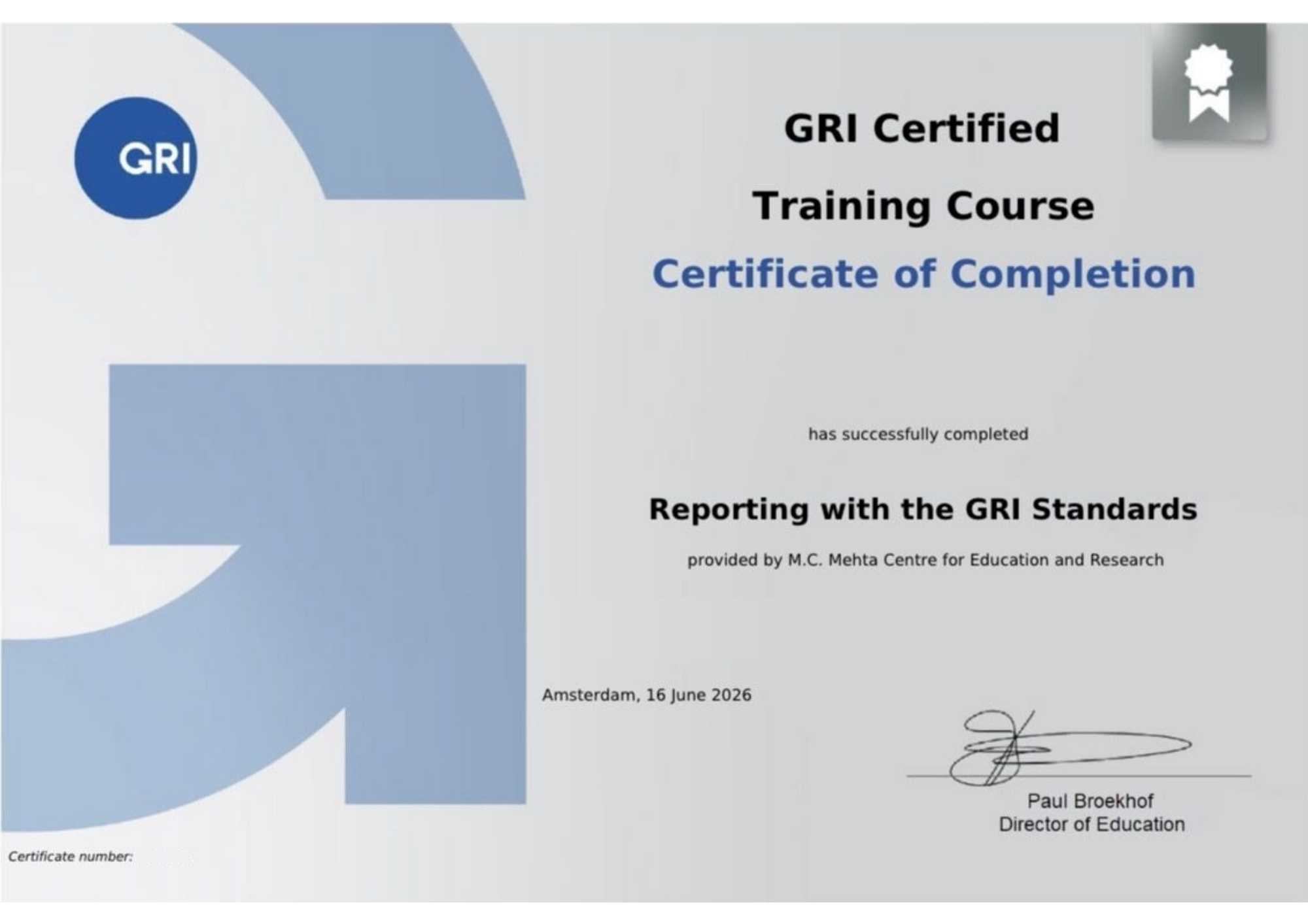 GRI Course 1 Certificate