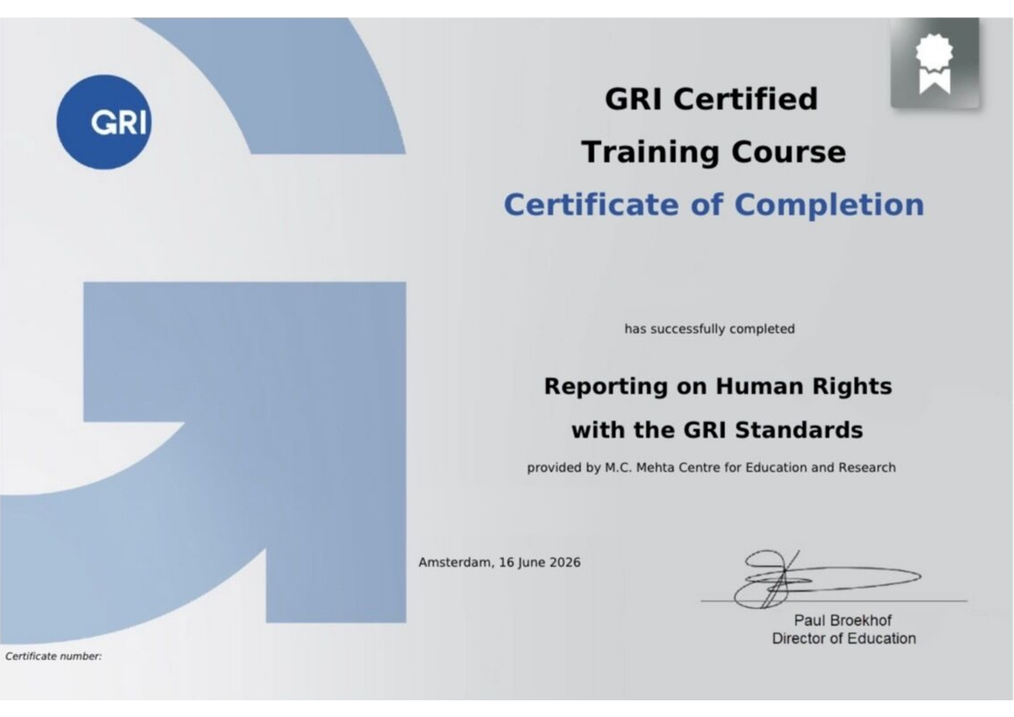 GRI Course 2 Certificate