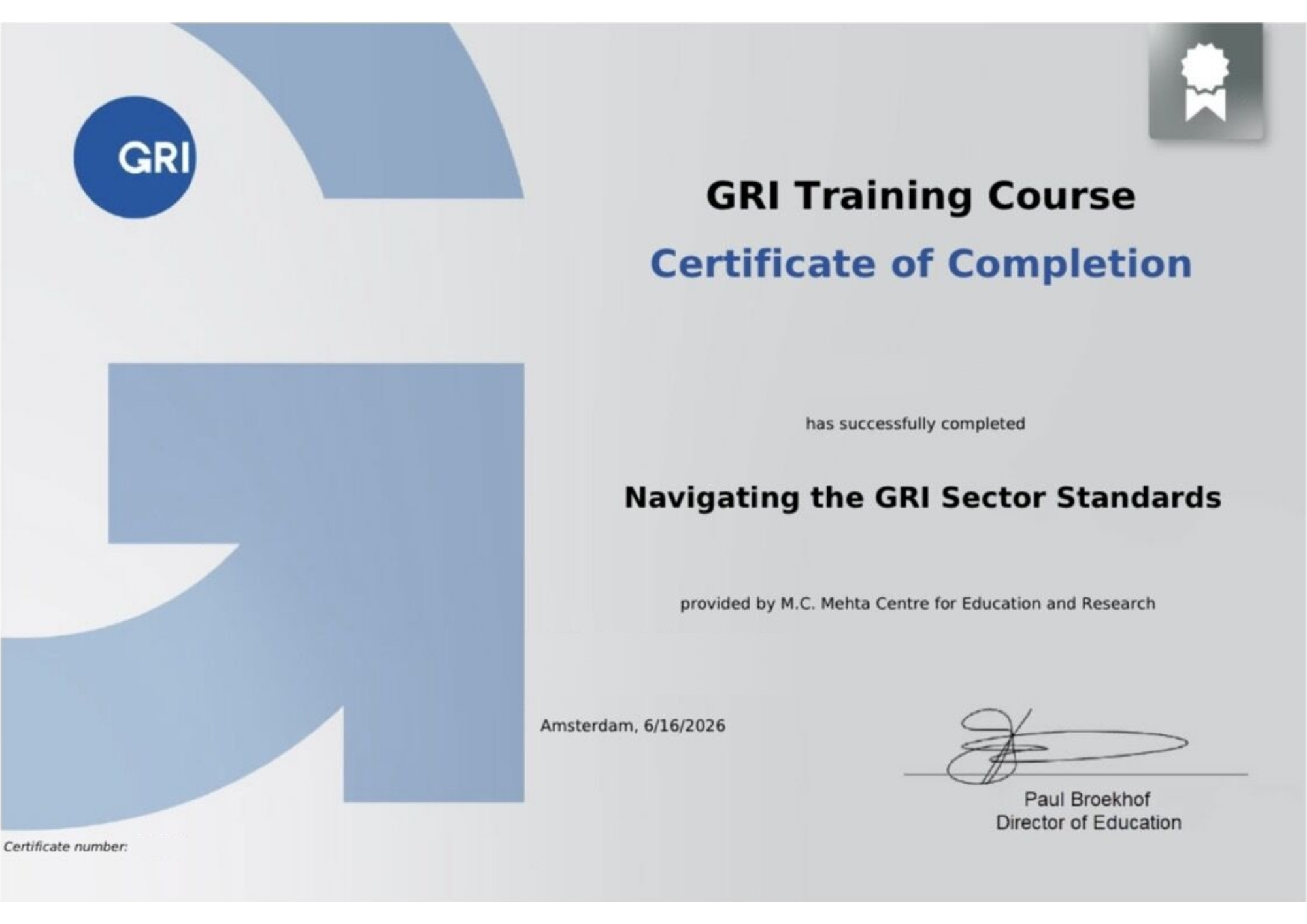 GRI Course 3 Certificate