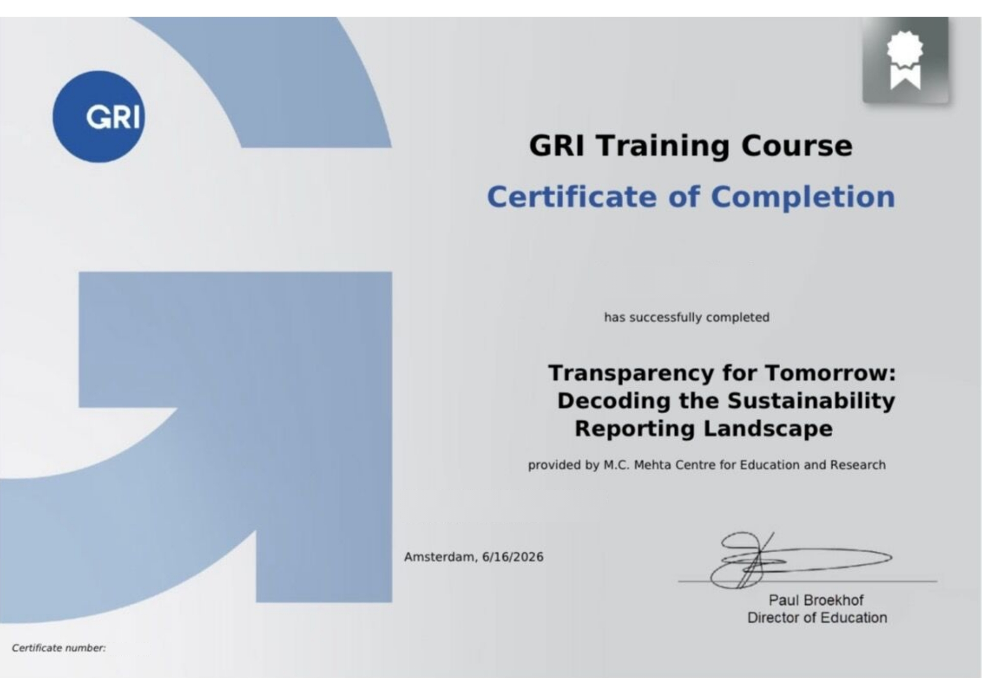 GRI Course 4 Certificate