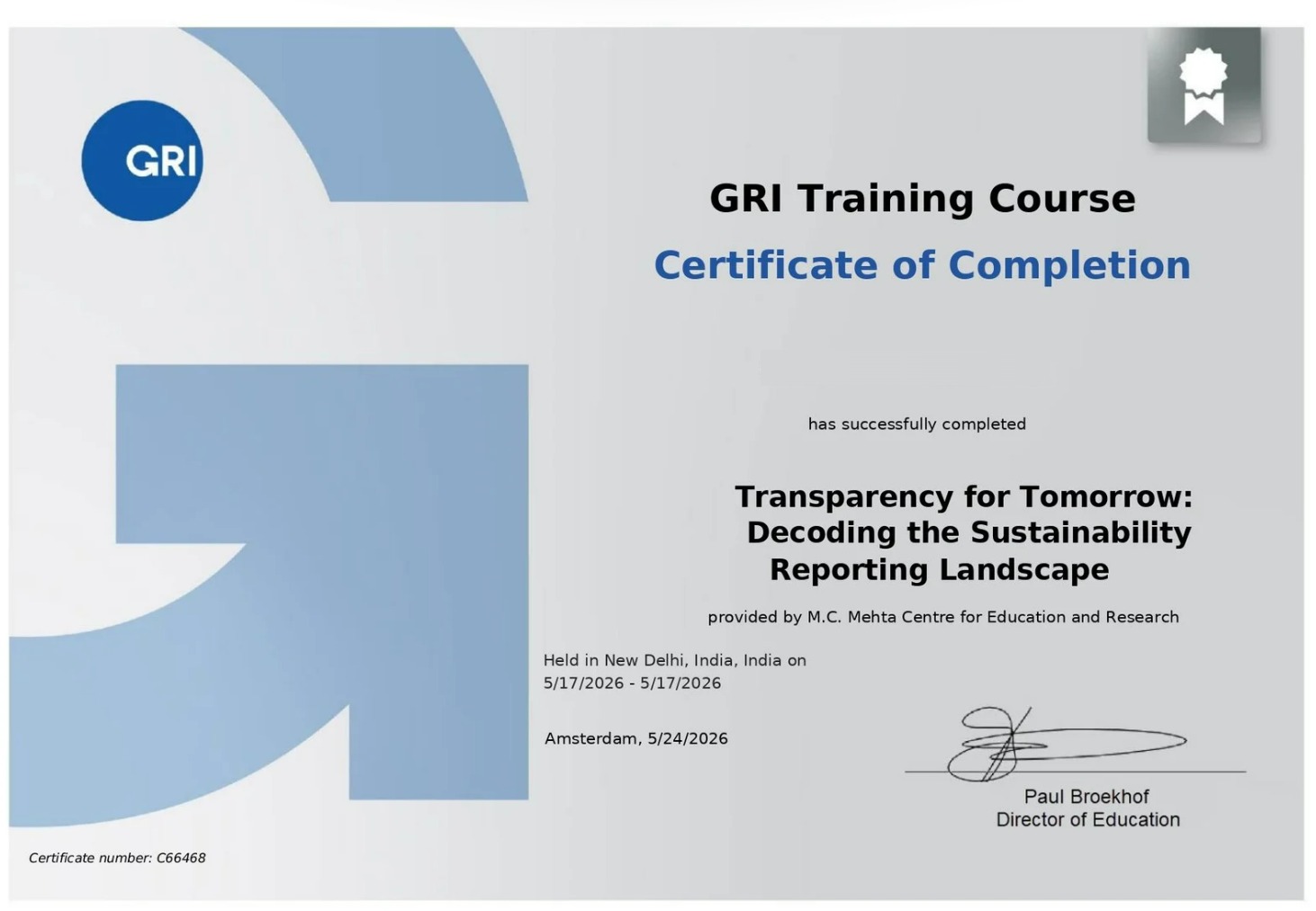 GRI Course 2 Certificate