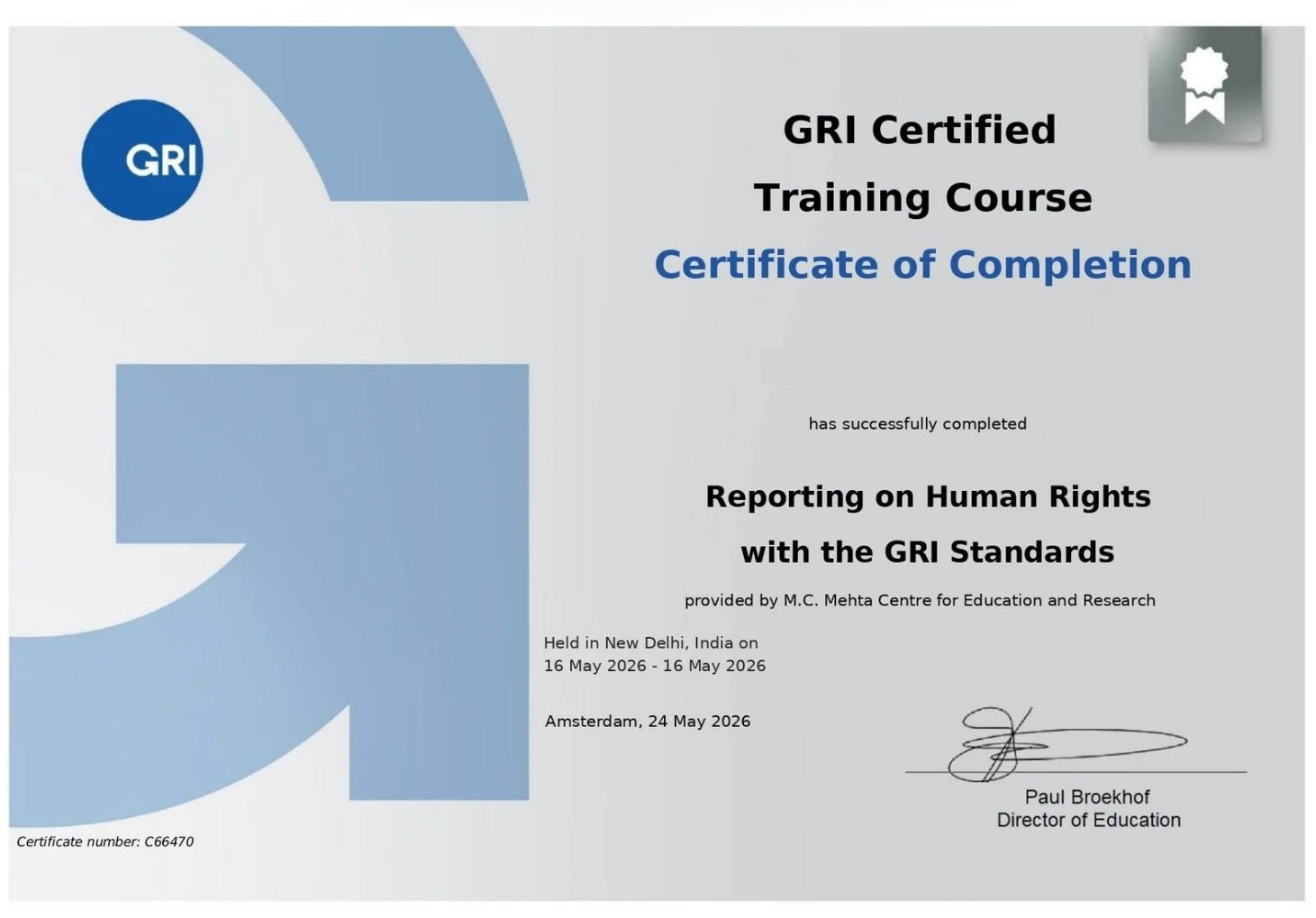 GRI Course 3 Certificate