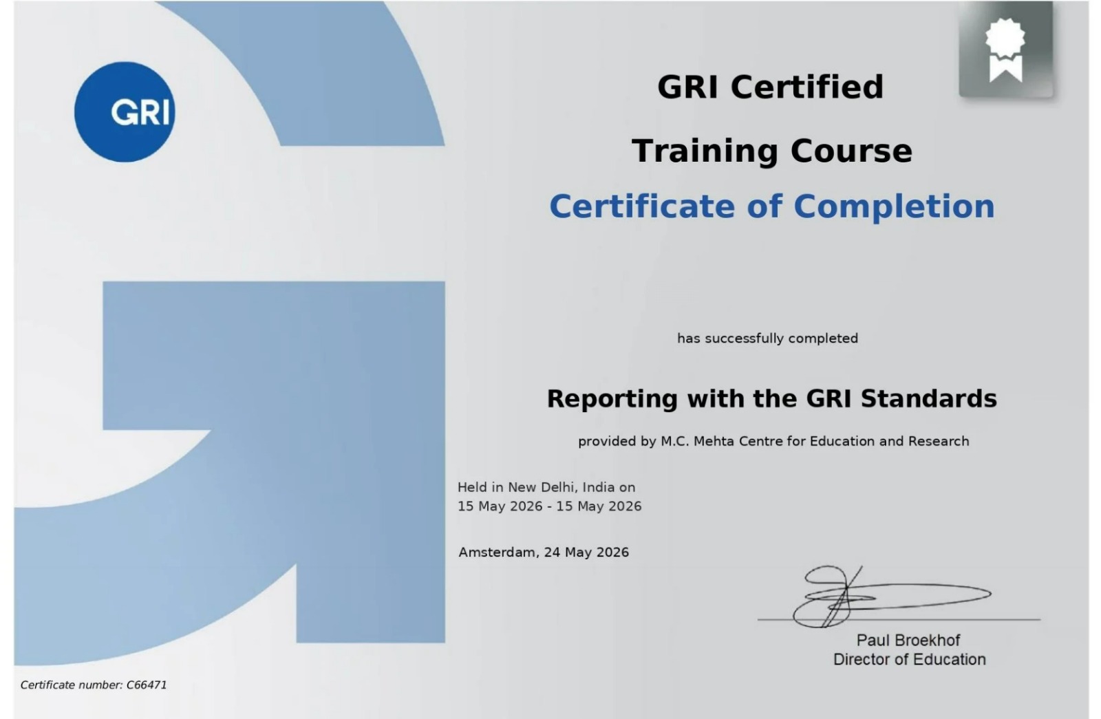 GRI Course 4 Certificate